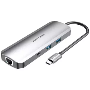 USB Hub Vention USB-C Docking Station to HDMI, USB-C, 2x USB3.0, RJ45, SD, TF, TRRS 3.5mm, PD 0.15m TOMHB (gray)