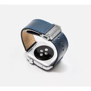 Remienok Monowear Leather Band s překlápěcí sponou pro Apple Watch – tmavě modrá, Silver, 42 – 44 mm