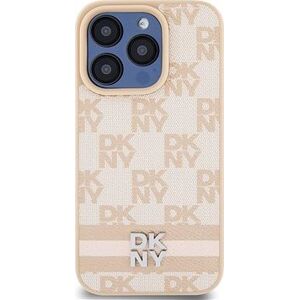 DKNY PU Leather Checkered Pattern and Stripe Zadný Kryt na iPhone 13 Pro Pink
