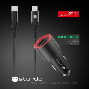 Autonabíjačka Sturdo Quick Charge 3.0 1xUSB/1xUSB-C 2.4A + Kábel USB-C 1m Čierna
