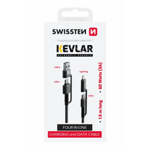 Dátový kábel Swissten Kevlar 4in1 USB-C (USB-A)/USB-C (Lightning) 3A 1,5m Čierny