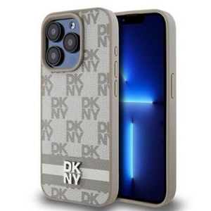 DKNY PU Leather Checkered Pattern and Stripe Zadní Kryt pro iPhone 13 Pro Max Beige