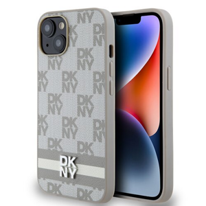 DKNY PU Leather Checkered Pattern and Stripe Zadní Kryt pro iPhone 14 Beige