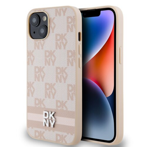 DKNY PU Leather Checkered Pattern and Stripe Zadní Kryt pro iPhone 14 Pink