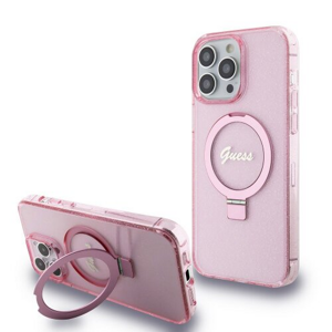Guess IML Ring Stand Glitter MagSafe Zadní Kryt pro iPhone 15 Pro Pink