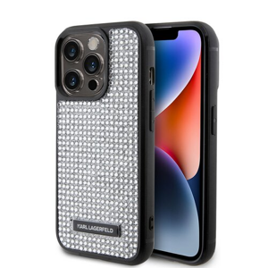 Karl Lagerfeld Rhinestone Plate Metal Logo Zadní Kryt pro iPhone 15 Pro Silver