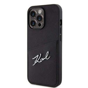 Karl Lagerfeld Saffiano Card Slot Metal Signature Zadní Kryt pro iPhone 13 Pro Black
