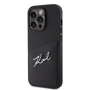 Karl Lagerfeld Saffiano Card Slot Metal Signature Zadní Kryt pro iPhone 14 Pro Black