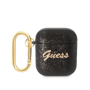 Puzdro Guess Glitter Flakes Metal Logo AirPods 1/2 - čierne